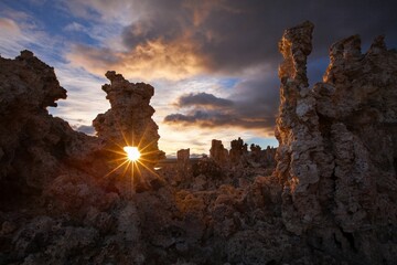 Mono Lake is an ancient saline lake located at the eastern edge of the Sierra Nevada in California