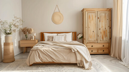 Interior of light bedroom with cozy bed and wooden cab