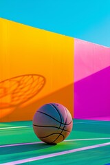 Póster minimalista baloncesto, pista de colores con balón de baloncesto en primer plano, Invitación para partido de baloncesto callejero 