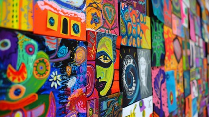 Fototapeta premium Bulletin board filled with colorful artwork and various announcements, close-up, capturing the vibrant spirit of creativity and expression