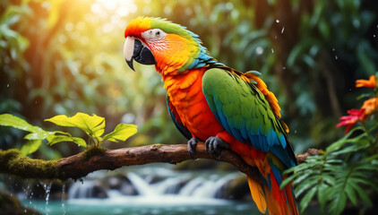 A colorful macaw parrot on a branch in the jungle