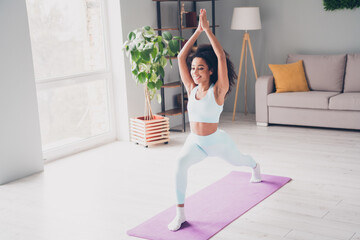 Full length photo of attractive slim lady activewear enjoying yoga lesson indoors room home house