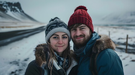 young couple portrait in Iceland, travel concept