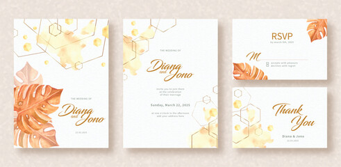 Painting of dried leaves with hexagonally arrangement on wedding invitation card