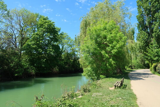 Rivi&egrave;re Ouche, &agrave; Dijon, en C&ocirc;te d&rsquo;Or / Bourgogne, paysage de nature verte au printemps, avec des arbres, un sentier de randonn&eacute;e et un banc au bord de l&rsquo;eau (France)