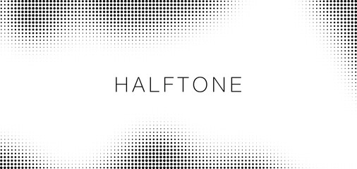Halftone dots gradient background. Grunge halftone frame. White and black noise retro effect. Vector illustration