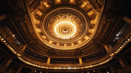 Obraz premium Auditorium ceiling from below, intricate design and lighting, empty seats arranged, prepared for assemblies, detailed view