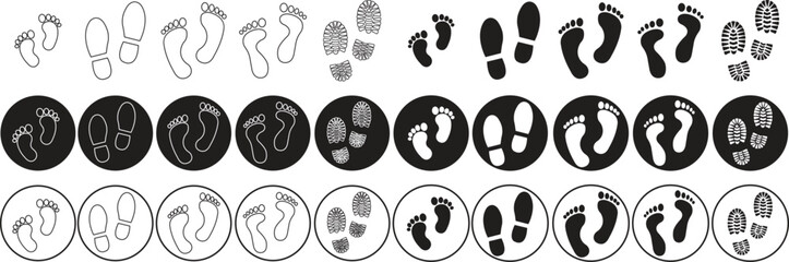Set of Footprint Icons in Flat Graphic Designs with editable stock. Black silhouette of footprints Icons. Human footprint tracks. Shoe soles print. Footprint clips isolated on Transparent Background.