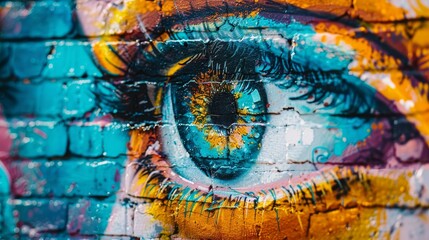 Fototapeta premium Artistic close-up of an eye on a brick wall, embedded in vibrant street art, celebrating the legacy and tradition of urban art forms
