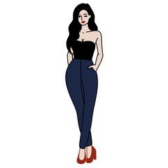 Beautiful young woman outline with a smile standing, minimalistic doodle illustration