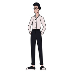 Office male worker cartoon doodke simple illustration. Man in glasses standing, wearing white shirt and black pants