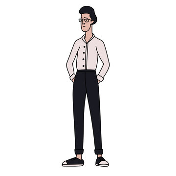 Office male worker cartoon doodke simple illustration. Man in glasses standing, wearing white shirt and black pants