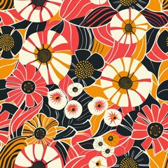 Vibrant Retro Floral Pattern with Bold Colors and Abstract Shapes