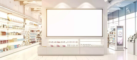  A pristine blank billboard integrated into the interior of a shop, surrounded by various products, awaiting the arrival of attention-grabbing advertisements in mesmerizing high.