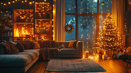 Interior of living room with sofas Christmas trees and