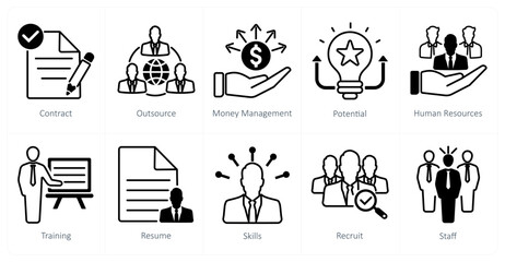 A set of 10 recruitment icons as contract, outsource, money managemen