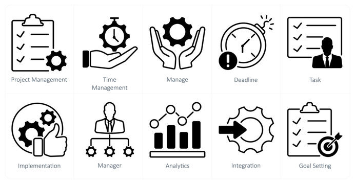 A set of 10 project management icons as project management, time management, manage