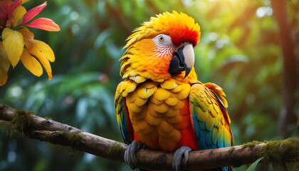 Fototapeta premium A colorful macaw parrot on a branch in the jungle