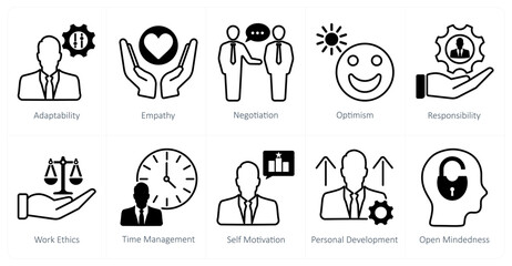 A set of 10 soft skills icons as adaptability, empathy, negotiation
