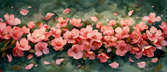A stunning display of cherry blossom petals scattered on green grass, Watercolor Painting Style