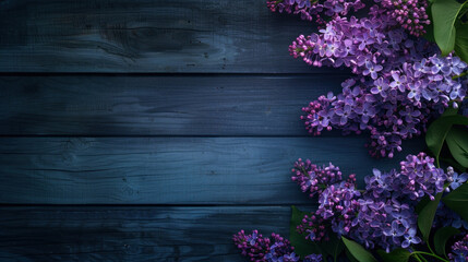 Lilac purple flower on dark wooden background with copy space, Lilac wallpaper illustration with copy space