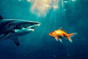 A big scary shark and a little golden fish face each other in the middle of the ocean.