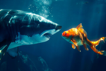 A big scary shark and a golden fish face each other in the middle of the ocean.