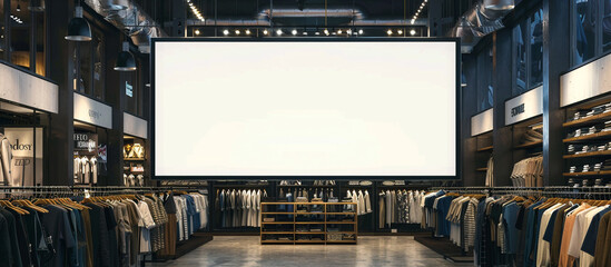 A pristine blank billboard positioned amidst the bustling atmosphere of a clothing store, surrounded by racks of stylish apparel, ready to captivate shoppers with mesmerizing high resolution.