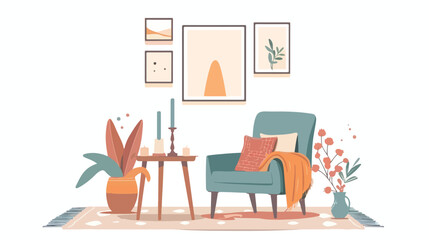 Interior design with armchair candles vase and wall p
