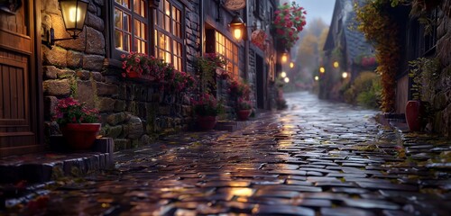 A quiet cobblestone street in a European village after a rain, with wet stones reflecting the warm street lamps and flower pots on the windows. 32k, full ultra hd, high resolution