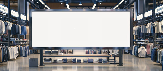 A pristine blank billboard positioned strategically within a clothing store, surrounded by shelves...