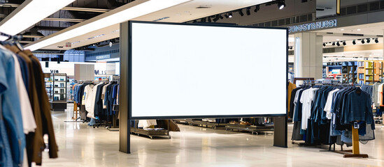 A pristine blank billboard positioned strategically within a department store's clothing section, offering advertisers a prominent space to capture the attention of shoppers in mesmerizing.