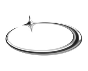 3D Y2K chrome abstract shape of a star with a crescent tail or comet, shiny metallic glossy silver surface. Isolated render vector element for retro futuristic design in cyber space galaxy aesthetic