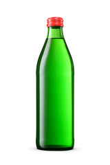 Clean green glass yellow bottle without label closed with red screw metal cap isolated. Transparent PNG image.