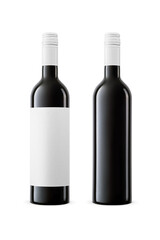 Two closed dark wine bottles with blank paper label and clean isolated. Transparent PNG image.
