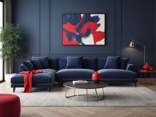 Living Room Design WIth Dark Blue L Shaped Sofa And Red Patterned Chair