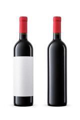 Two red sealed wine bottle with blank label and clean isolated. Transparent PNG image.