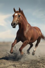 Obraz premium A beautiful brown horse running freely in a sandy field. Perfect for nature and animal lovers