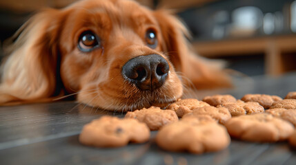 A close-up of a cocker spaniel with pleading eyes, resisting the temptation of a pile of cookies on the kitchen counter. The image captures the dog's longing and playful struggle with self-control