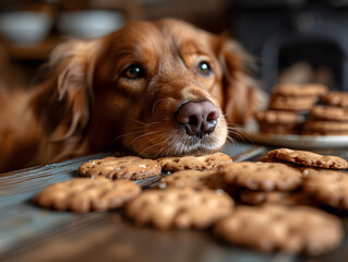 A golden retriever rests its head on a table overflowing with tempting cookies, its eyes filled with longing. The image captures the dog's internal struggle between obedience and indulgence