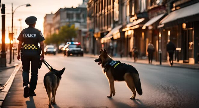 Back view of a policewoman with a police dog.