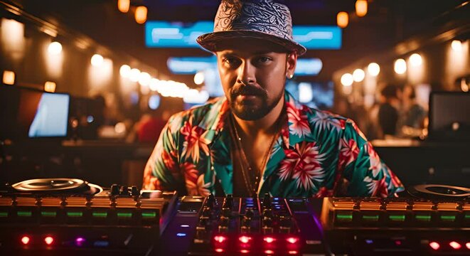 DJ with Hawaiian shirt.