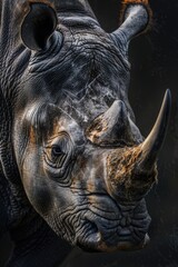 Fototapeta premium Close-up of a rhino against a black background, perfect for wildlife or nature themes
