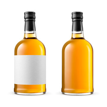 Two bottles of amber color alcohol, whisky, brandy, cognac isolated. Clean paper label for your design. Transparent PNG image.