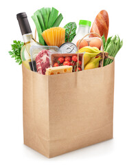 Reusable paper shopping  bag  full with fresh organic vegetables, fruits and other grocery products...