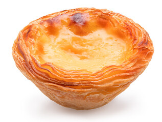 Pastel de nata or traditional Portuguese egg custard tart on white background.