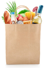 Reusable paper shopping  bag  full with fresh organic vegetables, fruits and other grocery products...