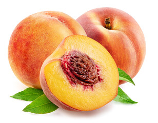 Ripe peaches and peach slices isolated on white background.