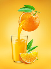 Glass of orange juice and juice pouring from ripe orange isolated on light orange background....