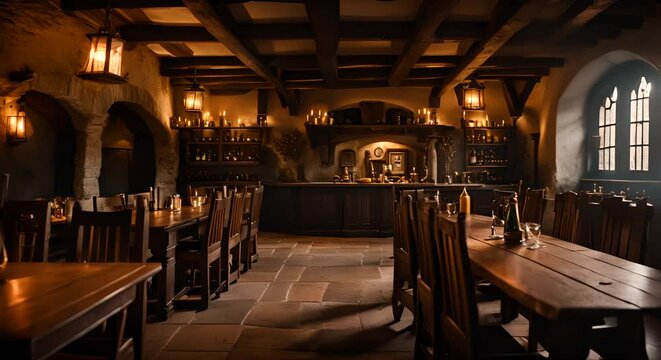 Medieval tavern with candles and beer.